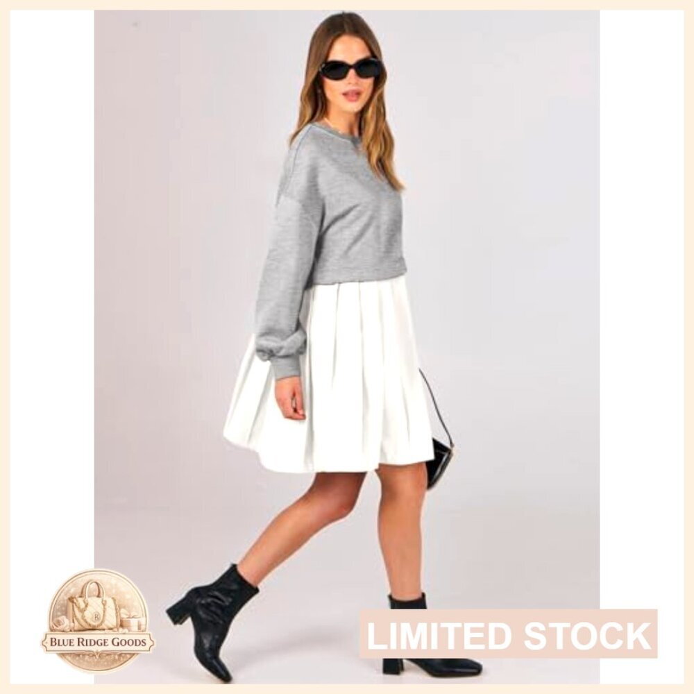 Oversized Sweatshirt Dress Long Sleeve Pleated Patchwork Mini Casual Pullover - Picture 6 of 7